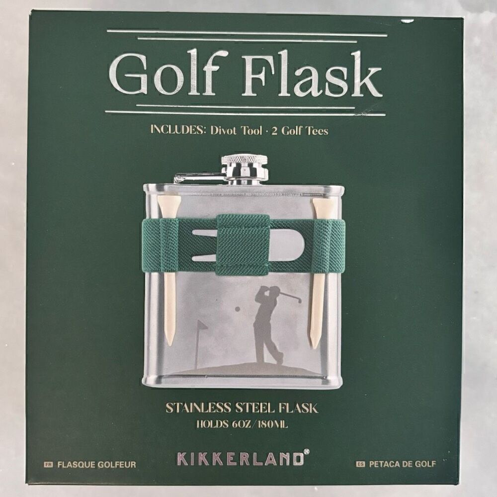 NWT Kikkerland Stainless Steel Golf Flask With Divot Tool Silver 6oz